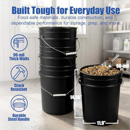 5 Gallon Bucket - Food Grade Bucket, Metal Handle Grip, BPA-Free, Heavy-Duty 90 Mil HDPE Plastic Pail, Stackable Utility Container, Made in USA, Lid Not Included, Black, 6 Packs - color: Black, size: 6 Packs