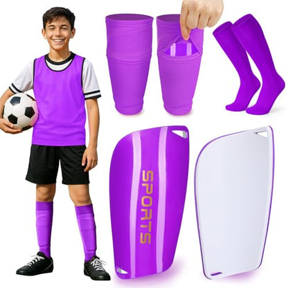 XZQTIVE Soccer Shin Guards with Shin Sleeves and Soccer Socks, Football Shin Pads Set for Kids Youth and Adult - color: purple, size: L(Youth/Adult)