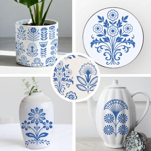 SUPERDANT 5 Pcs Underglaze Transfer Paper Blue Folk Art Flowers Ceramic Decals Floral Pottery Decals for Cups Plates Vases Beginner Handmade Studio Clay Porcelain - style: Folk Art Flowers