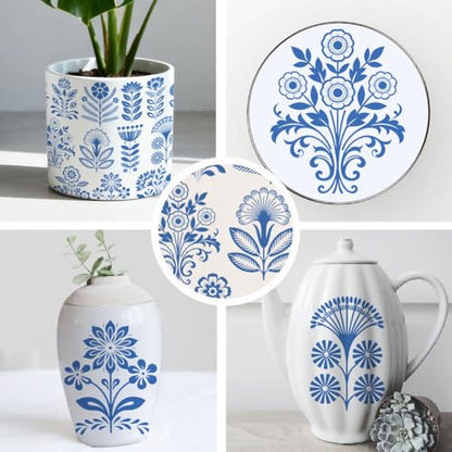 SUPERDANT 5 Pcs Underglaze Transfer Paper Blue Folk Art Flowers Ceramic Decals Floral Pottery Decals for Cups Plates Vases Beginner Handmade Studio Clay Porcelain - style: Folk Art Flowers