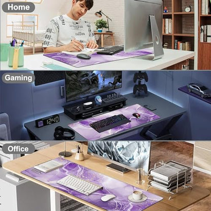 Watercolor Purple Marble Desk Mat,Large Violet Marble Texture Gaming Keyboard Mouse Pad,Non-Slip Rubber Base Desk Pad Thick Stitched Edges Waterproof Mousepad Mouse Mat 31.5"x11.8" - color: Watercolor Purple Marble