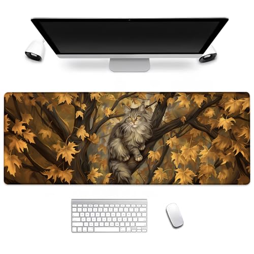 Autumn Cat Gaming Mouse Pad, Computer Keyboard Desktop Gray Cat Lounging in Fall Tree Mouse Pads for Home, Work, Desk Decor, Large Office Laptop Anti-Slip Rubber Base Desk Mat 31.5×11.8 in - color: Cat12