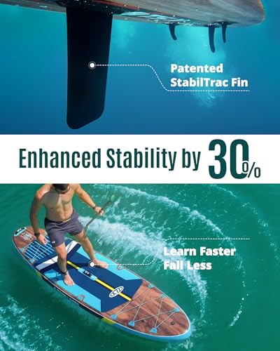 11'6"x35" Inflatable Paddle Board for Adults, Extra Wide Stable SUP | Stand Up Paddleboard, Non-slip EVA Deck, Complete Accessories, Unique Center Fin, for All Skill Levels Paddling On Any Water - color: Black Wood Seat