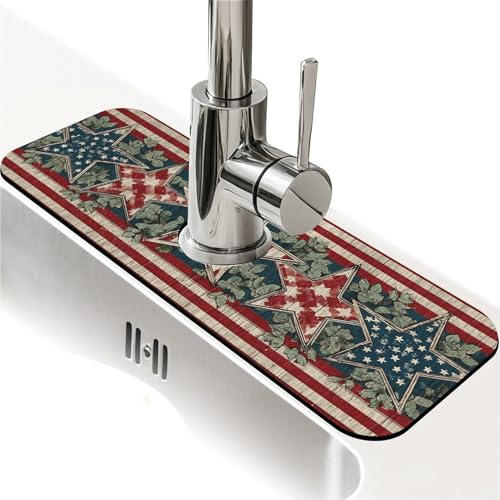 Kitchen Sink Splash Guard，Vintage American star-1 Faucet Mat Sink Gadgets-Super Absorbent Fast Drying Mat Drip Catcher for Kitchen, Bathroom,Sink Mat, Dish Drying Mat, Bathroom(15" X 5.5" )