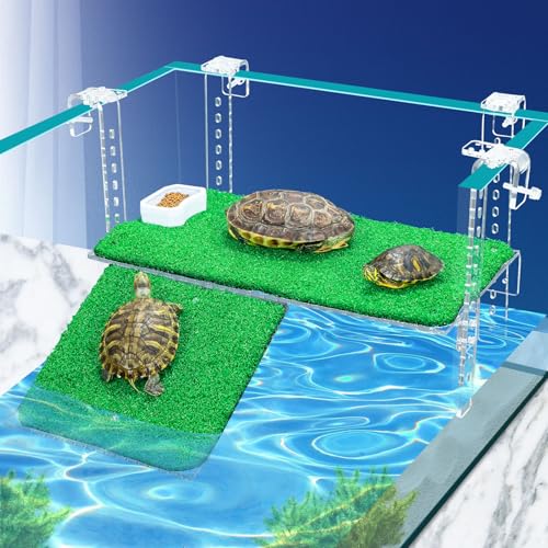 Turtle Basking Platform with Artificial Grass & Adjustable Ramp Non-Slip Large Dock for Aquatic Turtles Fits 0.31"-2.11" Thick Tanks Durable Acrylic Turtle Tank Accessories 15 Inch - size: 15 Inch