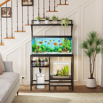40 Gallon Fish Tank Stand, Aquarium Stand with Power Outlet, Heavy-Duty Reptile Terrarium Stand Table with Top Shelf for 40 Gal Standard/Long/High, 37.4" L x 19.7" W x 30" H(Black) - size: 40 Gallon