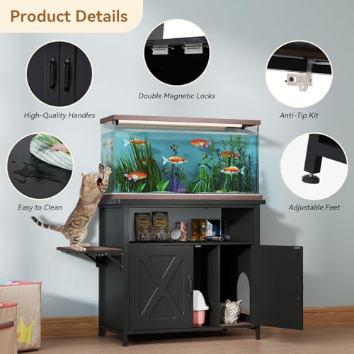 40-50 Gallon Fish Tank Stand with Hidden Cat Litter Box Enclosure Furniture, Cat Viewing Aquarium Stand with Storage Shelf & Side Cat Perch, 36.2"x20.5" Tabletop, 660 LBS Capacity - color: Black