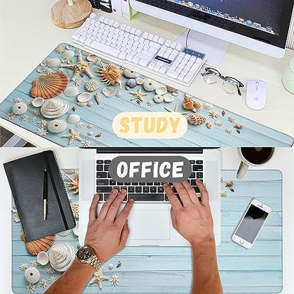 Large Mouse Pad Shells on Light Blue Wood Extended Gaming Mouse Pad Non-Slip Desk Mat with Stitched Edge Laptop Computer Keyboard Mousepad for Office Home 35.4" x 15.7" - color: Shells on Light Blue Wood