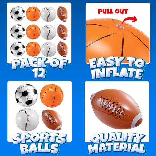 16" Inflatable Sports Beach Balls Variety Pack (12 Pcs) - 3 of Each Sport | Basketball, Baseball, Football, Soccer Beach Balls - Themed Parties, Pool Toys, Birthday Decorations, and Party Favors