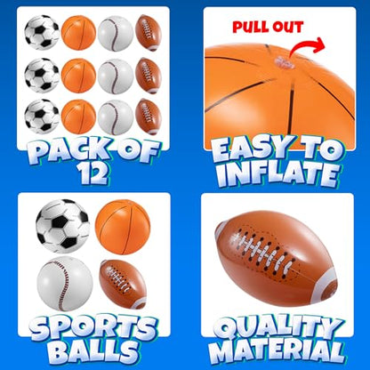 16" Inflatable Sports Beach Balls Variety Pack (12 Pcs) - 3 of Each Sport | Basketball, Baseball, Football, Soccer Beach Balls - Themed Parties, Pool Toys, Birthday Decorations, and Party Favors
