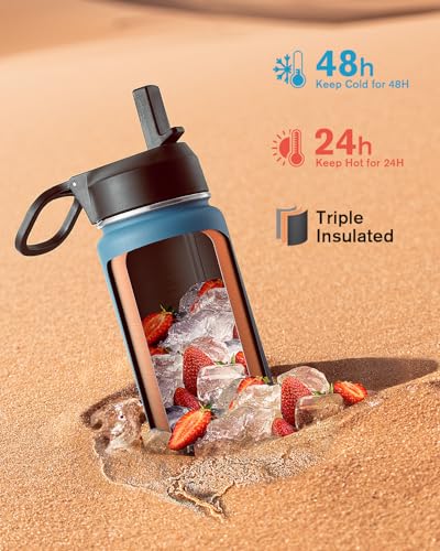 Coolflask 24 oz Insulated Water Bottle with Straw & 3 Leakproof Lids - color: Samurai Cyan, size: 24 Ounces