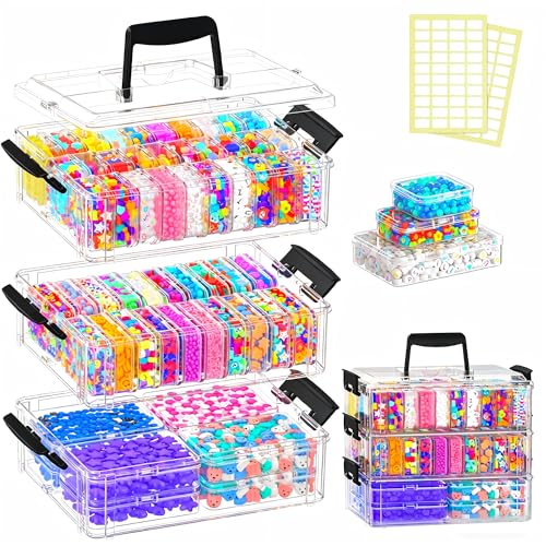 Bead Organizer Box 58 Pcs, 3-Tier Stackable Storage Box, and 3 Different Container Sizes Small Plastic Containers with Lids, Portability, Clear Organizers for Jewelry DIY Craft Storage