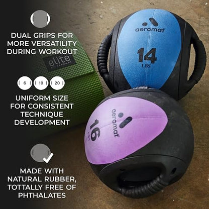 AEROMAT Dual Grip Power Medicine Balls for Abdominal Training and Rotational Movements - 9" Diameter - Weights Color-Coded - style: 16 lbs - Black/Purple