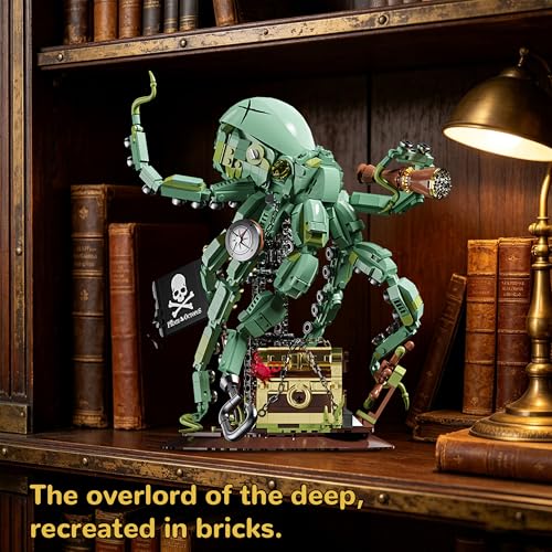 Steampunk Pirate Octopus Building Set for Adults, Mechanical Ocean Animal Collectible Model with Treasure Chest & Flag, Idea Gift for Teens Desk Decor Display -1128pcs