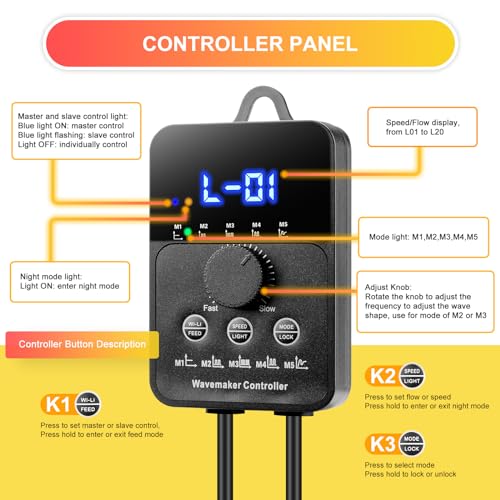 2100GPH Aquarium Wave Maker with Controller Mini DC 24V 12W Powerhead with Magnetic Mounting, Wavemaker with LED Display for 50 to 100 Gallon Tank