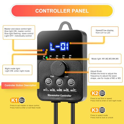 2100GPH Aquarium Wave Maker with Controller Mini DC 24V 12W Powerhead with Magnetic Mounting, Wavemaker with LED Display for 50 to 100 Gallon Tank