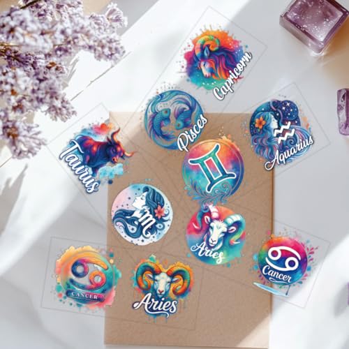 12 Sheets Zodiac UV DTF Stickers for 16 OZ Glass Cups, 12 Constellation UV DTF Cup Wraps Waterproof PVC Transfer Stickers for DIY Laptop Phone Case Decor - style: Zodiac