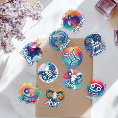 12 Sheets Zodiac UV DTF Stickers for 16 OZ Glass Cups, 12 Constellation UV DTF Cup Wraps Waterproof PVC Transfer Stickers for DIY Laptop Phone Case Decor - style: Zodiac