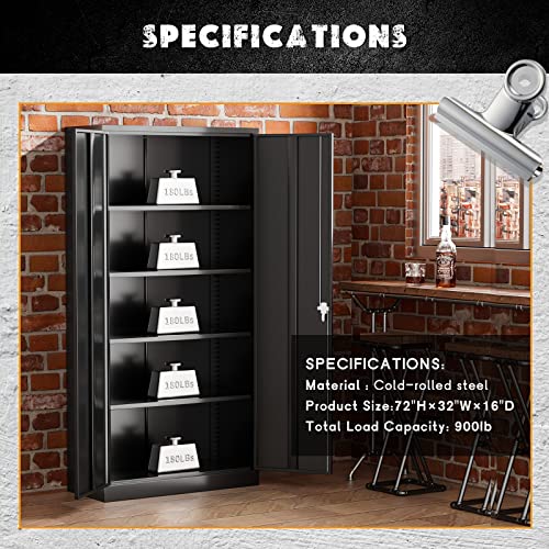 Storage Cabinet, 72” Black Garage Steel Locking Cabinet with Doors and 4 Adjustable Shelves, Tall Lockable File &Tool Cabinet for Home Office, Metal Classroom Cabinet Basement