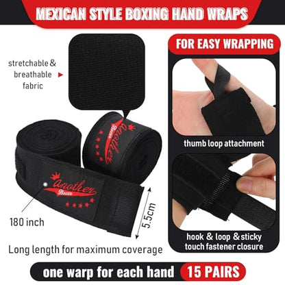 Jerify 15 Pairs Boxing Wraps Bulk for Hand 180‘' - color: Black