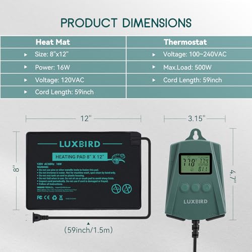 Reptile Heating Pad 8x12 Inch with Dual Output Reptile Thermostat LB-2SC Combo Set Under Tank Terrarium Heating Mat for Turtles, Lizards, Frogs, and Other Reptiles