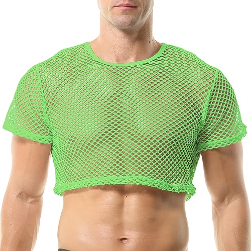 Men's Fishnet Shirts Mesh Crop Top See Through Round Neck Short Sleeve Sexy Muscle Tee for Men Daily - color: Green, size: Medium