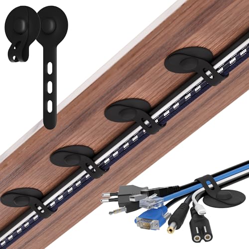 Cable Management Under Desk, Adjustable Self-Adhesive Silicone Cable Ties Cord Organizer, Reusable Heavy-Duty Cord Holder Under Table for Office, Home, School (10Pcs-Black)