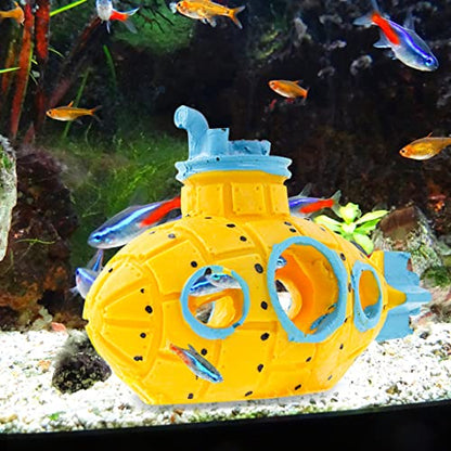 Resin Hollow Submarine Fish Tank Decorations Aquarium Shrimp Hideout Aquarium Ornament Hiding Cave Shelter for Shrimp Betta Lizards Hideaway Decor (Submarine Yellow)