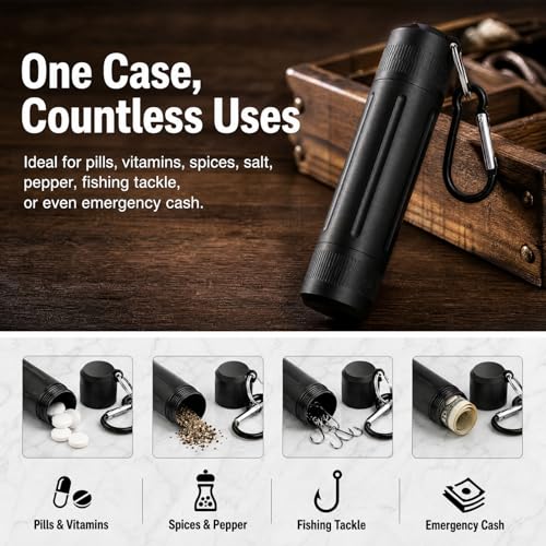 Waterproof Pill Container, Airtight Metal Tube Storage with Dual-Opening Lids, Hooks, Aluminium Smell Proof Keychain Spice Bottle Portable Case for Camp, Travel, Outdoor