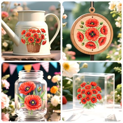Peacoblue 18 Sheets Rub on Transfers for Crafts, Poppy 3.6"x3.9" UV DTF Cup Wraps Waterproof Rub on Cold Transfers Stickers for Wood Glass Metal Cup Tumblers Mirrors Mugs Home Decor - style: Poppy