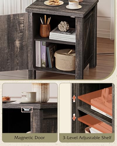 WLIVE Farmhouse Nightstand with Charging Station, End Table with Barn Door and Adjustable Storage Shelf, Rustic Wood Night Stand, 18" Modern Bedside Table for Bedroom, Dark Rustic Oak - color: Dark Rustic Oak