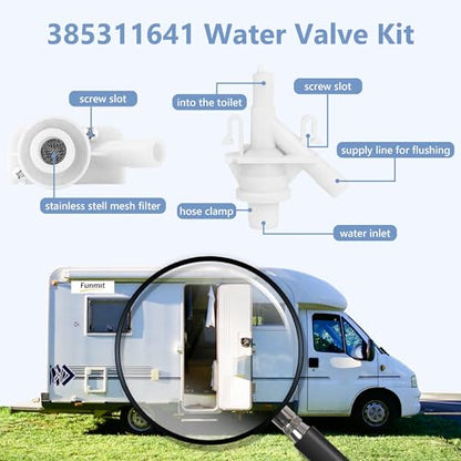 Funmit RV Toilet Water Valve Kit Replaces 385311641 Compatible with Dometic Pedal flush Toilets 300 310 320 | Prevent leakage | Increased Freeze Resistance, 1 Set, Includes Hose Clamp and Fasteners
