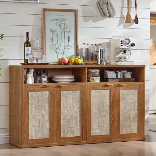 LEYAOYAO Rattan Sideboard Buffet Cabinet,55" Coffee Bar Cabinet with 4 Doors & Open Storage Shelf,Modern Credenza Console Table for Living Room Rattan Farmhouse entryway Brown - color: Tea Brown, size: 15.35"D x 55.12"W x 31.89"H（4 doors）, style: Farmhous