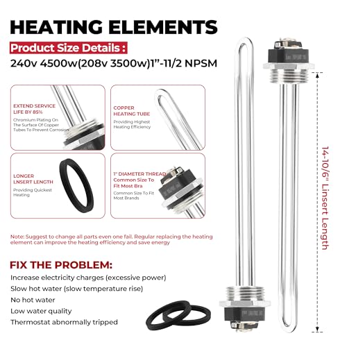 Water Heater Elements, 4500W/240V Hot Water Heater Elements Pack Including Element Wrench and Element Quick Change Tool- Water Guide Board, Fits Most Models of Dual Element Eletrical Water Heaters