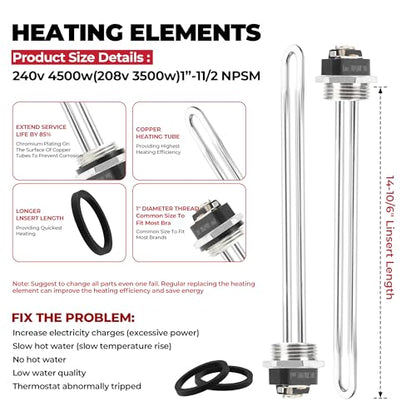 Water Heater Elements, 4500W/240V Hot Water Heater Elements Pack Including Element Wrench and Element Quick Change Tool- Water Guide Board, Fits Most Models of Dual Element Eletrical Water Heaters