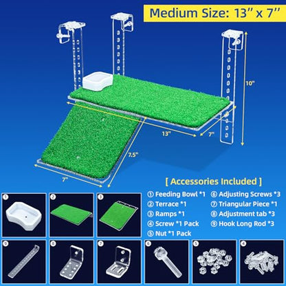 Turtle Basking Platform with Artificial Grass & Adjustable Ramp Non-Slip Large Dock for Aquatic Turtles Fits 0.31"-2.11" Thick Tanks Durable Acrylic Turtle Tank Accessories 13 Inch - size: 13 Inch
