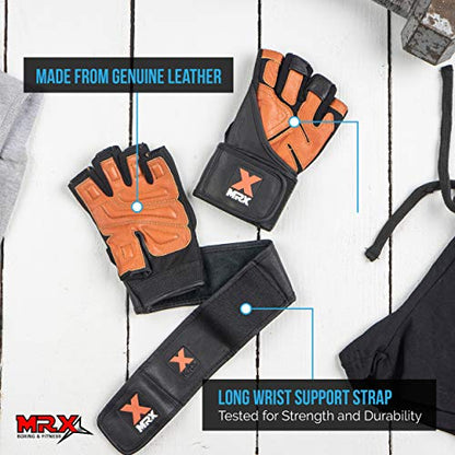 MRX Weight Lifting Pro Level Gloves with 18 Inches Long Wrist Strap Gym Workout Exercise & Fitness in - color: Black Brown, size: X-Large