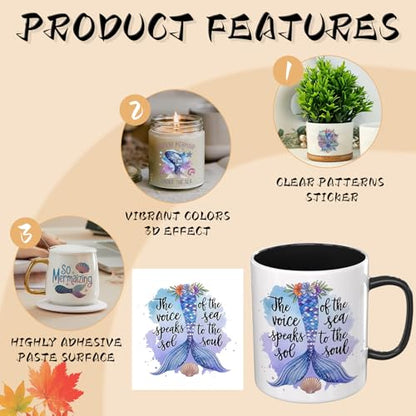 UV DTF Cup Wraps, 4 Sheets Mermaid Quotes Transfer Stickers for 16oz Glass, Rub On Decals for Tumblers and Candlestick
