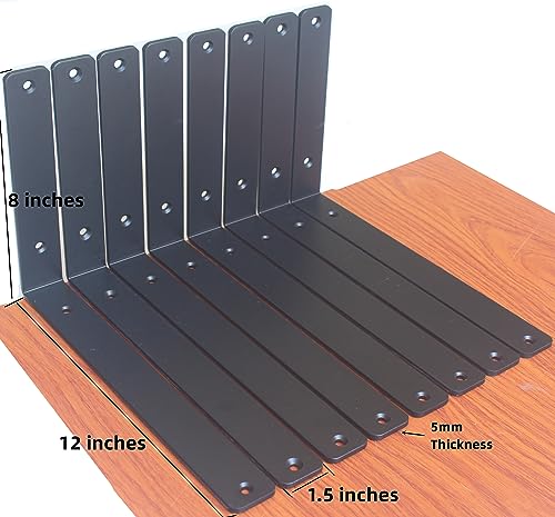 4 Pack - L 12" x H 8" x W1.5, 5mm Thick Black L Shelf Bracket, Iron Shelf Brackets, Metal Shelf Brackets, Floating Shelf, Shelf Supports with Screws - size: 12''x8'', style: Black 4 Pack