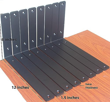 4 Pack - L 12" x H 8" x W1.5, 5mm Thick Black L Shelf Bracket, Iron Shelf Brackets, Metal Shelf Brackets, Floating Shelf, Shelf Supports with Screws - size: 12''x8'', style: Black 4 Pack