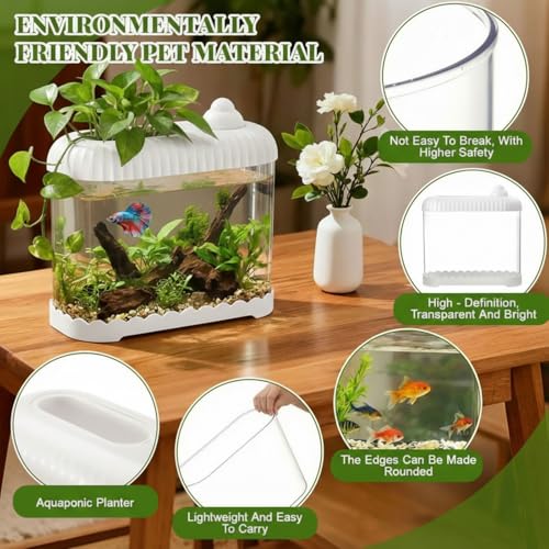White 2 Gallon Plastic Aquaponic Betta Fish Tank Large Bowl Shatterproof Small Ecosystem Aquarium with Secure Buckle Lid, Clear Clarity for Terrarium, Flower Vase Betta Fish Tabletop Gifts - color: White