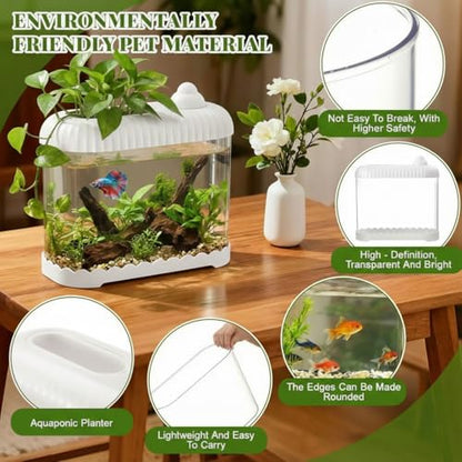White 2 Gallon Plastic Aquaponic Betta Fish Tank Large Bowl Shatterproof Small Ecosystem Aquarium with Secure Buckle Lid, Clear Clarity for Terrarium, Flower Vase Betta Fish Tabletop Gifts - color: White