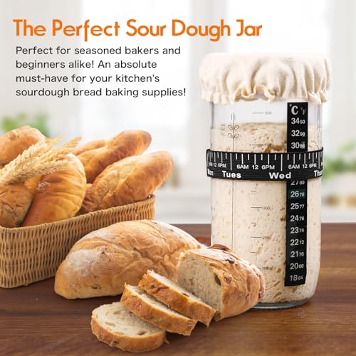Sourdough Starter Jar Kit，Sourdough Bread Making tools Supplies,33oz Glass Jar with Date Marked Feeding Band, Precision Thermometer, Durable Cloth Cover & Secure Metal Lid forBread Making