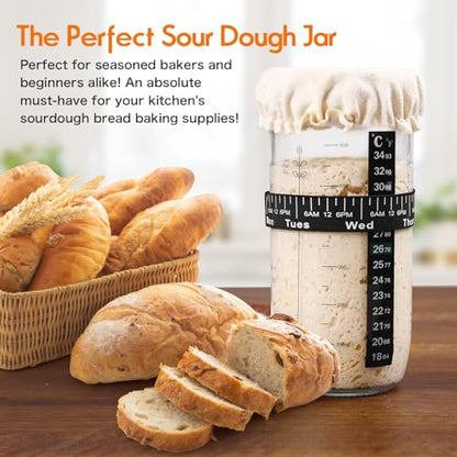 Sourdough Starter Jar Kit，Sourdough Bread Making tools Supplies,33oz Glass Jar with Date Marked Feeding Band, Precision Thermometer, Durable Cloth Cover & Secure Metal Lid forBread Making