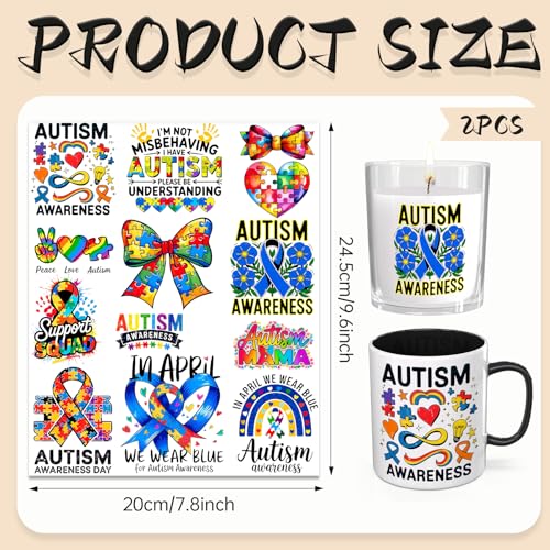 UV DTF Cup Wrap Transfer Stickers, 2 Sheets Autism Quotes Rub On Transfers for Tumblers Glass Cups Mugs Water Bottles - style: Autism Quotes
