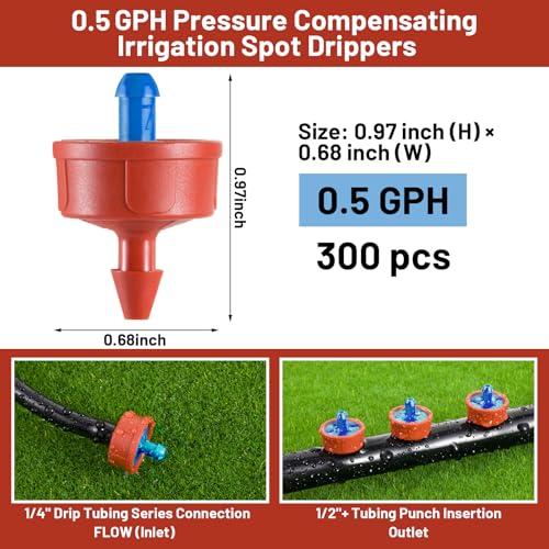 300 PCS 0.5 GPH Pressure Compensating Drip Irrigation Spot Watering Dripper, Gentle Flow Anti-Clog Drip Irrigation Emitters Heads Irrigation Drippers Parts for Indoor Outdoor Small Potted Plants - size: 0.5 GPH 300PCS