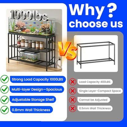 55-75 Gallon Aquarium Stand, 1000LBS Capacity Fish Tank Stand with 3-Tier Shelves & Integrated Power Strip, Heavy Duty Metal Frame for Fish Tanks and Reptile Terrariums