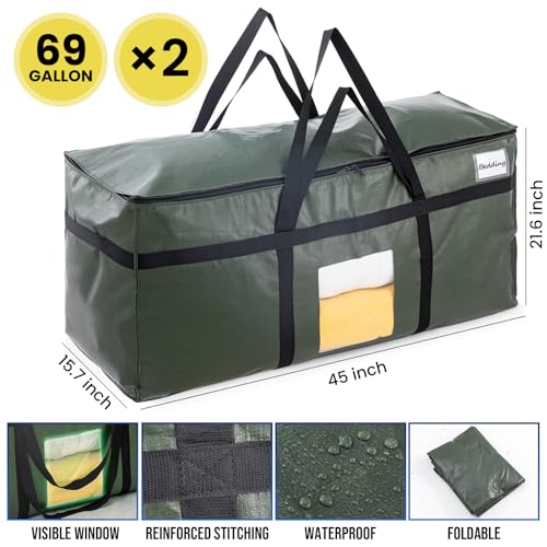 TAILI 69 Gallon Extra Large Storage Bags, XXL Green Heavy Duty Moving Bags For Storage with Visible Window, Wrap Around Handles, Totes for Space Saving, Alternative to Moving Boxes (2 Pack)