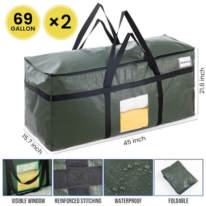 TAILI 69 Gallon Extra Large Storage Bags, XXL Green Heavy Duty Moving Bags For Storage with Visible Window, Wrap Around Handles, Totes for Space Saving, Alternative to Moving Boxes (2 Pack)