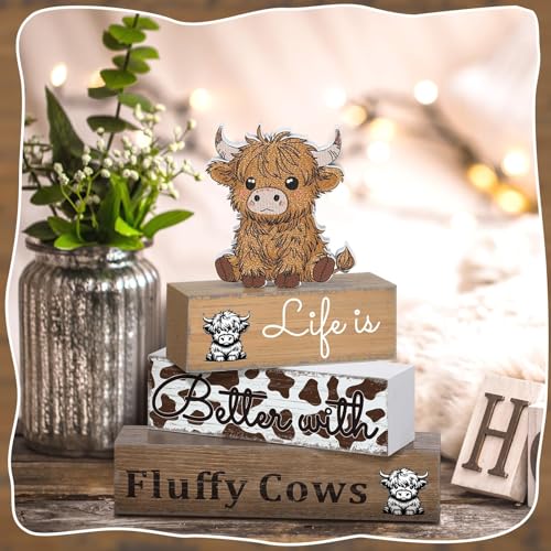 4 Pcs Highland Cow Table Decorations Cow Wooden Signs Rustic Tiered Tray Decor Western Tabletop Centerpieces Farmhouse Highland Decor for Home Desk Room Kitchen Shelf - style: Cattle
